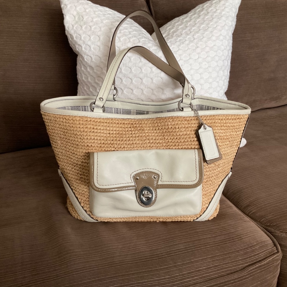 Coach Tan Straw Tote with Cream and Taupe Leather Trim - Picture 2 of 9
